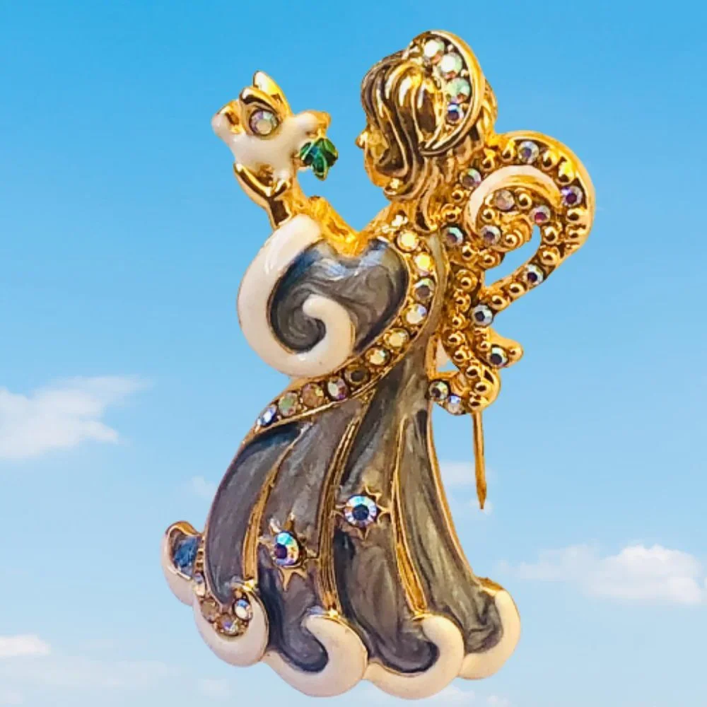 Christopher Radko Vintage Christmas Angel Brooch Blue Enamel Rhinestones Dove